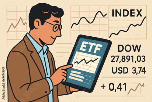 Investor Analyzing ETF Data. Charming vector layout of investor analyzing tablet screen with ETF data, line charts and market