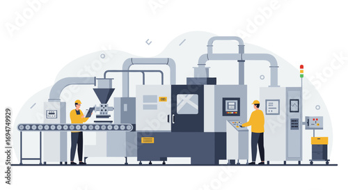 Modern factory operations with automated machinery and workers in industrial setting