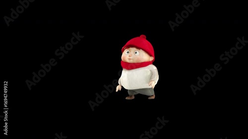 3D cartoon boy dancing with funny moves in red hat. Luma matte is placed after the main clip for compositing. Ideal for animation, editing, and motion design.