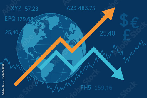 Global Economic Trends. Horizontal vector illustration of global economic trends with globe, stock tickers, and currency market