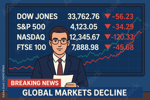 Economic News Broadcast. Illustrated economic newsreader presenting global indices with market screen behind and breaking news