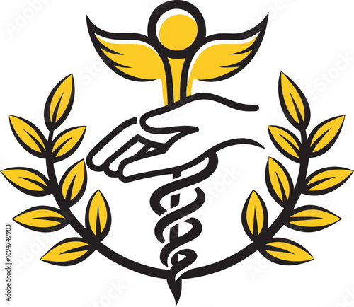Symbolic medical emblem hand caduceus laurel wreath health care emblem design