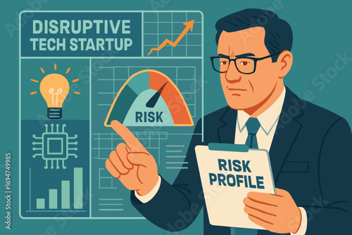 Analyzing Startup Risks. Commercial illustration of VC partner analyzing risk profile of disruptive tech startup with digital