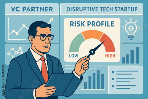 Analyzing Startup Risks. Commercial illustration of VC partner analyzing risk profile of disruptive tech startup with digital