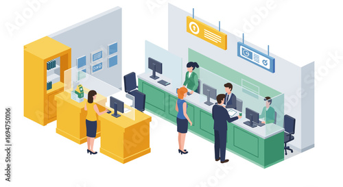Isometric bank interior: customer service and financial transactions