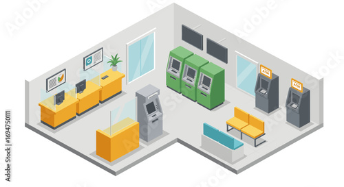 Isometric bank interior with atms and customer service area
