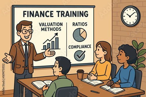 Cartoon Finance Workshop. Cartoon-style finance training session with team learning about valuation methods, ratios and compliance