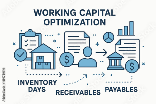 Working Capital Analysis. Vector composition of working capital optimization — inventory days, receivables, and payables analysis.