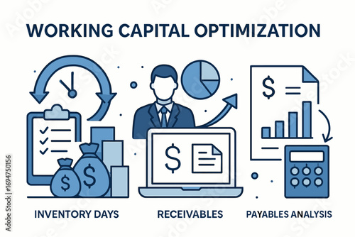 Working Capital Analysis. Vector composition of working capital optimization — inventory days, receivables, and payables analysis.