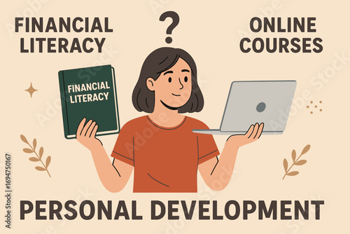 Choosing Financial Learning Resources. Banner showing person comparing financial literacy books and online courses for personal