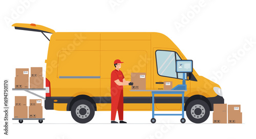 Parcel loading worker with delivery van and packages in flat design