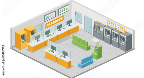 Modern isometric bank interior with counters, atms, and seating area