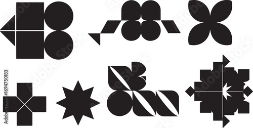A curated collection of bold monochrome graphic design elements. Set of abstract geometric forms and modern symbols for branding and logos