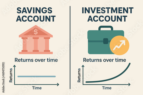 Savings vs. Investment Comparison. Horizontal vector layout of comparison between savings account and investment account with