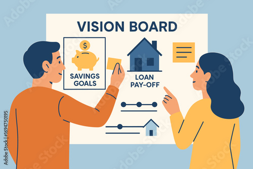 Creating Financial Vision Board. Flat vector of couple creating financial vision board with savings goals, loan pay-off timelines,