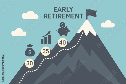 Early Retirement Journey. Vector art of “early retirement” visual — mountain peak with age milestones, savings goals, and