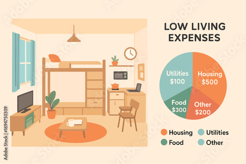 Compact Studio Living. Flat design of small studio apartment with multi-purpose furniture and low living expenses breakdown.