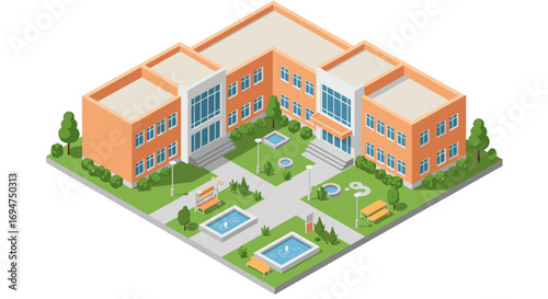 Modern isometric school building with green courtyard and fountains