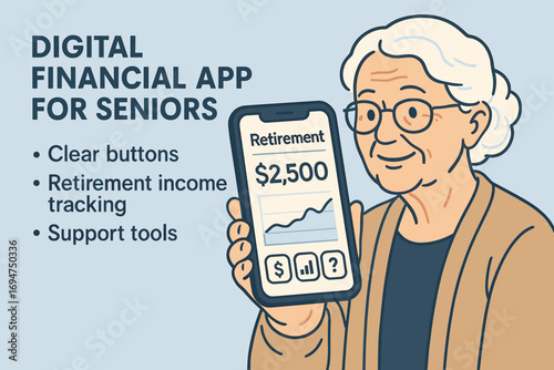 Seniors' Financial App. Banner showing digital financial app for seniors with clear buttons, retirement income tracking and