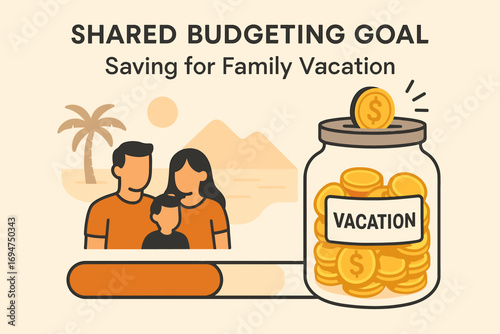 Family Vacation Savings. Vector illustration of shared budgeting goal — saving for family vacation with progress meter and coin