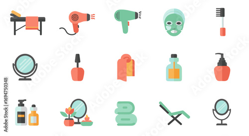 Beauty and salon essentials flat icon set for self-care and grooming