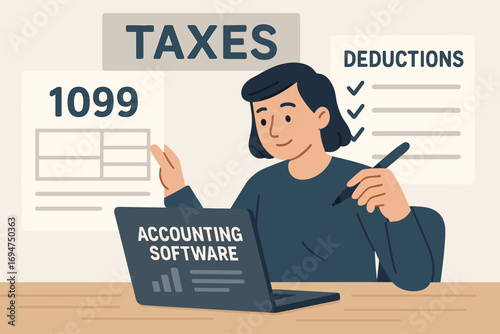 Tax Management Essentials. Banner showing freelancer managing taxes with 1099 forms, deductions list, and accounting software.
