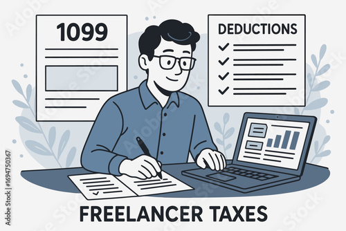 Tax Management Essentials. Banner showing freelancer managing taxes with 1099 forms, deductions list, and accounting software.