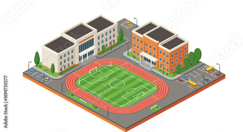Isometric school campus with track and field in modern urban setting