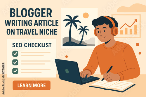 Travel Blog Marketing Insights. Commercial banner featuring blogger writing article on travel niche with SEO checklist and