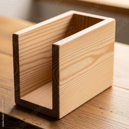 A light-colored wooden organizer with a U-shaped cutout sits on a wooden surface.
