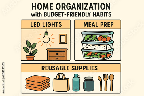 Budget-Friendly Home Tips. Illustrated layout of home organization with budget-friendly habits — LED lights, meal prep, reusable