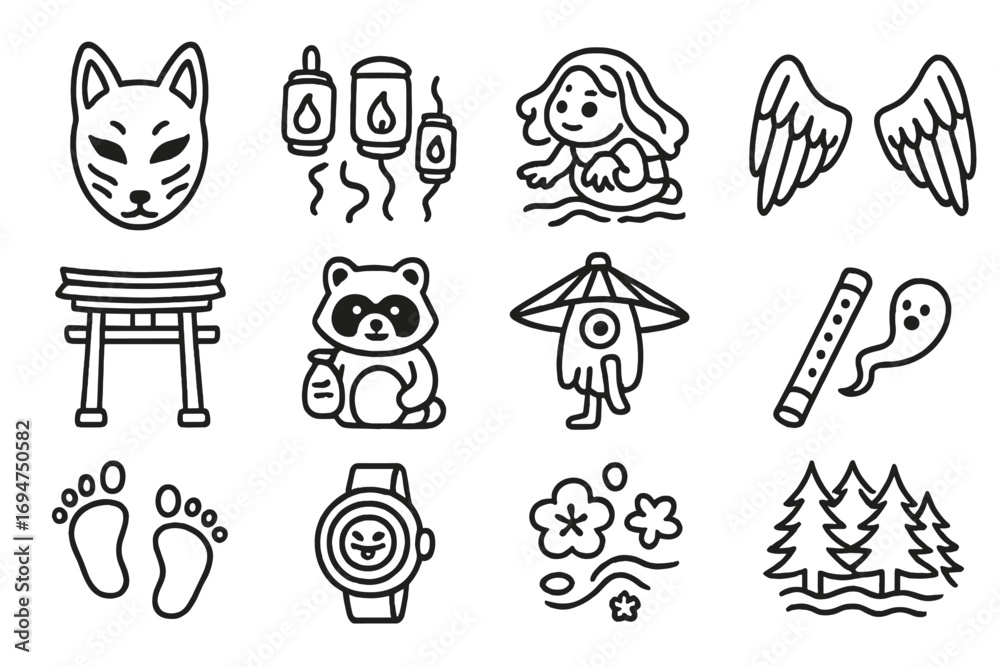 Naklejka premium Yokai Symbol Line Art. Line style icons of yokai manga: kitsune mask, floating lanterns, river spirit, tengu wings; old temple