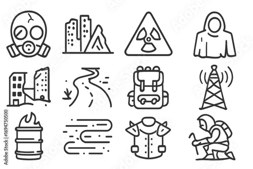 Post-Apocalyptic Icons. Line style icons of post-apocalyptic comics: cracked gas mask, scorched skyline, warning sign, tattered