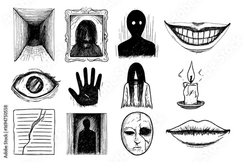 Horror Manga Icons. Line style icons of horror manga: dark hallway, haunted mirror, shadow figure, twisted smile; cursed eye,