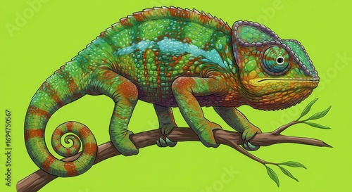 Vibrant illustration of a chameleon perched on a branch, showcasing its colorful scales and intricate patterns.