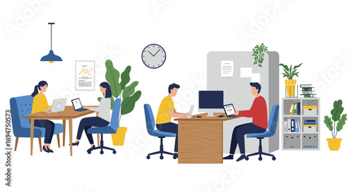 Collaborative modern office environment with diverse team working on laptops