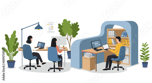 Modern office workspace with diverse people working at desks and computers