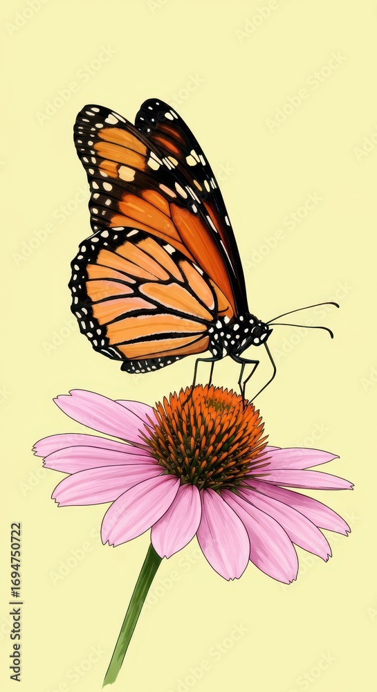 Obraz premium A detailed illustration of a monarch butterfly delicately perched on a vibrant pink coneflower, showcasing a harmonious blend of orange and pink hues against a pale yellow backdrop.