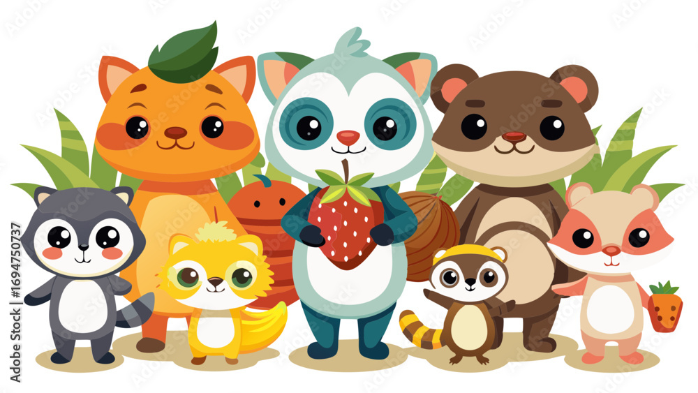Naklejka premium vector graphics, bushes, animals, fruits, berries, flowers, beavers, cats, squirrels, bugs, raccoons, chanterelles, frogs, birds, worms, clouds, banner, advertising, juices, children's, cartoon, natur