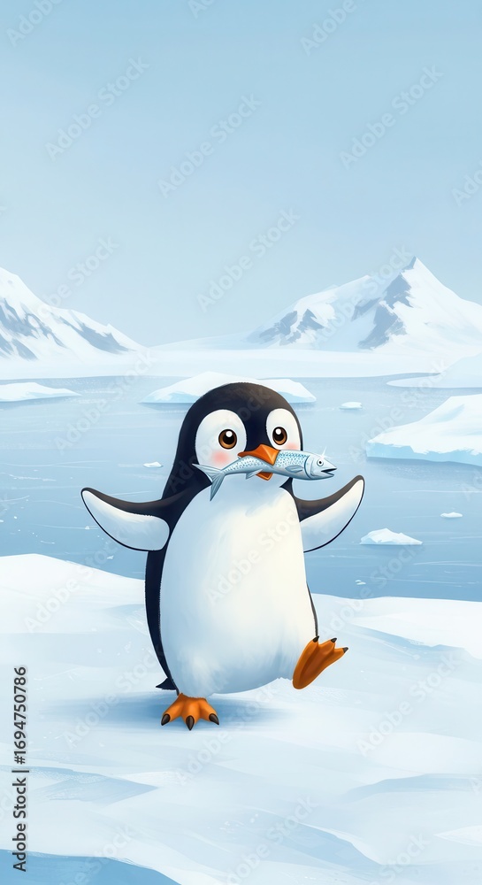 Obraz premium A cheerful penguin, holding a fish, strolls across a snowy landscape, showcasing vibrant colors and a joyful mood.