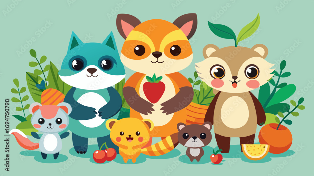Fototapeta premium vector graphics, bushes, animals, fruits, berries, flowers, beavers, cats, squirrels, bugs, raccoons, chanterelles, frogs, birds, worms, clouds, banner, advertising, juices, children's, cartoon, natur