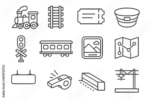 Train Icon Line Art. Line style icons of train stamps: steam locomotive, rail tracks, ticket stub, conductor hat; crossing signal,