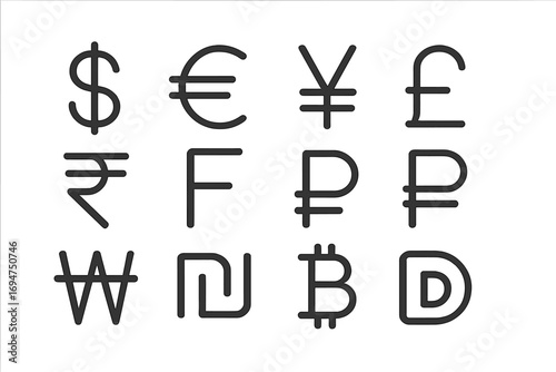 Global Currency Icons. Line style icons of global coin symbols: dollar sign, euro symbol, yen mark, pound logo; rupee design,