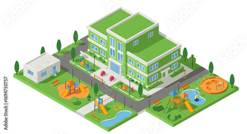 Modern isometric schoolyard with playground and green spaces