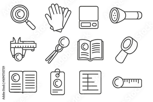 Coin Collecting Icons. Line style icons of coin collecting tools: magnifying glass, white cotton gloves, digital scale, LED