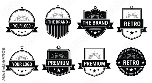 Set of vintage black and white logo templates with retro badges, ribbon banners, and customizable text, ideal for branding, product labels, packaging, business identity, and marketing design projects