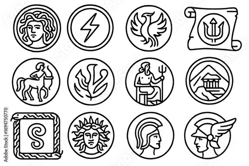 Mythical Coins Icons. Line style icons of mythological coins: Medusa coin, thunderbolt symbol, phoenix emblem, trident mark;
