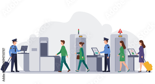 Airport security checkpoint with passengers passing through screening machines