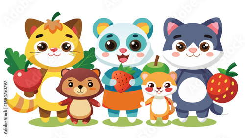 vector graphics, bushes, animals, fruits, berries, flowers, beavers, cats, squirrels, bugs, raccoons, chanterelles, frogs, birds, worms, clouds, banner, advertising, juices, children's, cartoon, natur