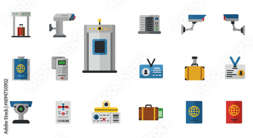 Airport security icons set featuring modern flat design elements